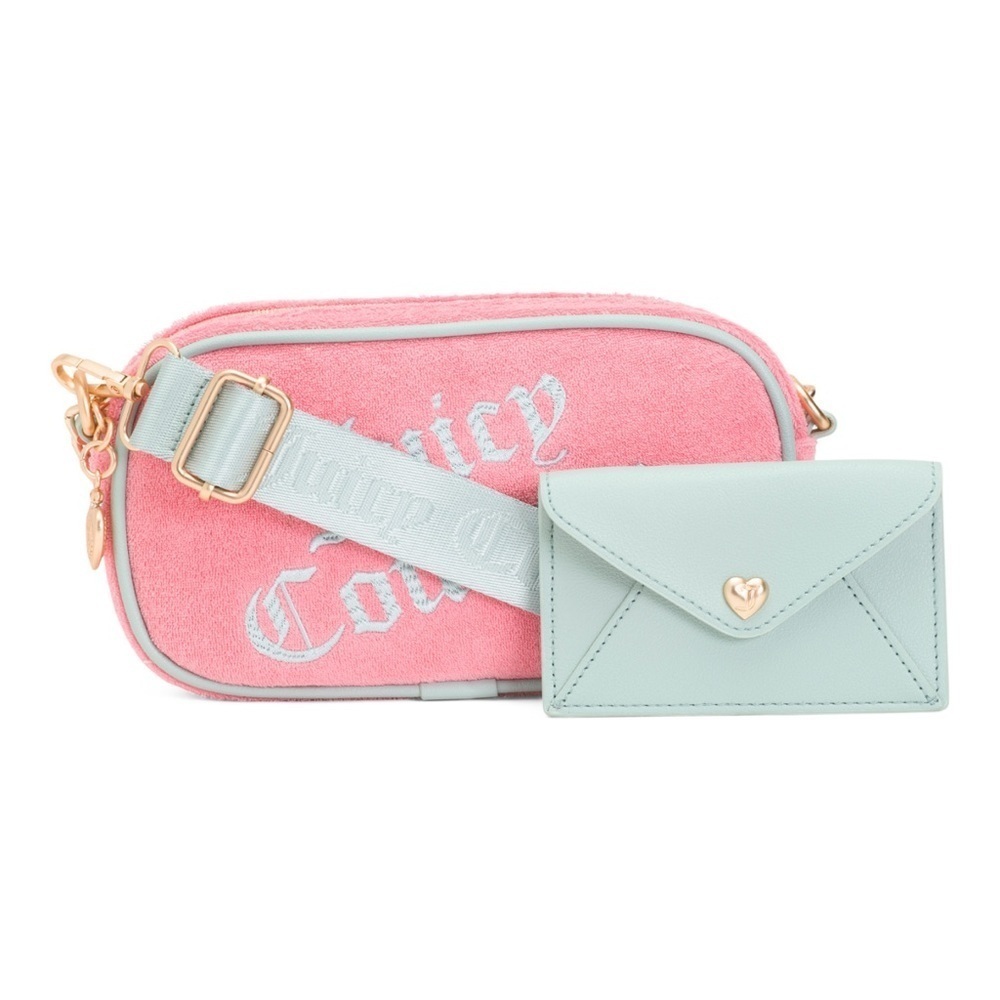 NWT Juicy Couture Slim Camera Bag & Envelope in Pink Lemonade/Green